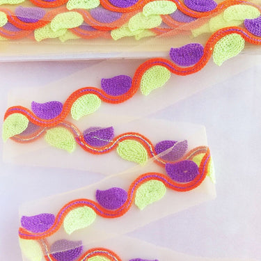 Beige Net With Green, Purple And Orange Embroidery, Leaves Pattern Trim